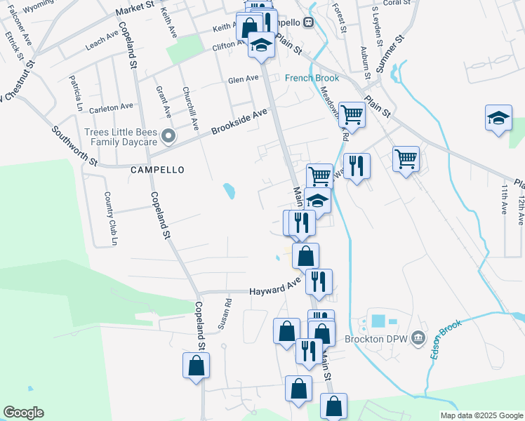 map of restaurants, bars, coffee shops, grocery stores, and more near 35 Longworth Avenue in Brockton