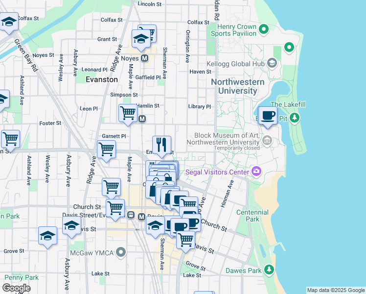 map of restaurants, bars, coffee shops, grocery stores, and more near 1915 Orrington Avenue in Evanston