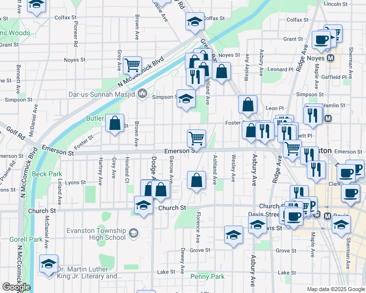 map of restaurants, bars, coffee shops, grocery stores, and more near 1908 Dewey Avenue in Evanston