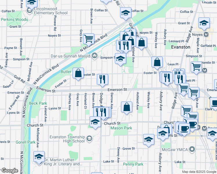 map of restaurants, bars, coffee shops, grocery stores, and more near 1801 Emerson Street in Evanston