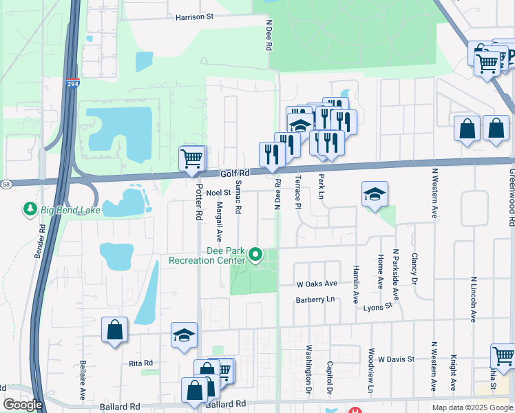 map of restaurants, bars, coffee shops, grocery stores, and more near 9515 Sumac Road in Des Plaines