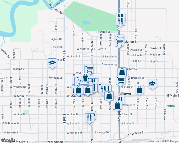 map of restaurants, bars, coffee shops, grocery stores, and more near 206 North Center Street in Marshalltown