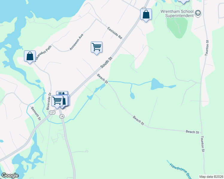 map of restaurants, bars, coffee shops, grocery stores, and more near 82 Beach Street in Wrentham
