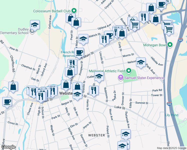 map of restaurants, bars, coffee shops, grocery stores, and more near 21 Cutler Street in Webster