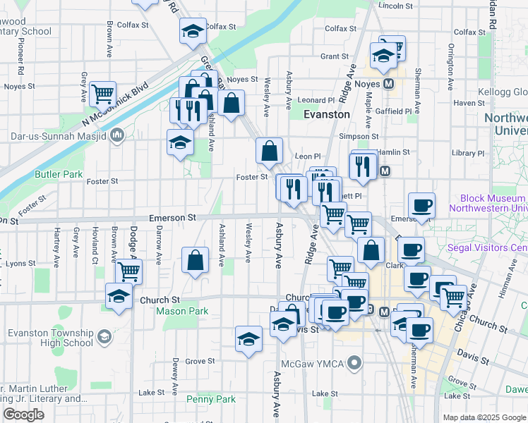map of restaurants, bars, coffee shops, grocery stores, and more near 1323 Emerson Street in Evanston