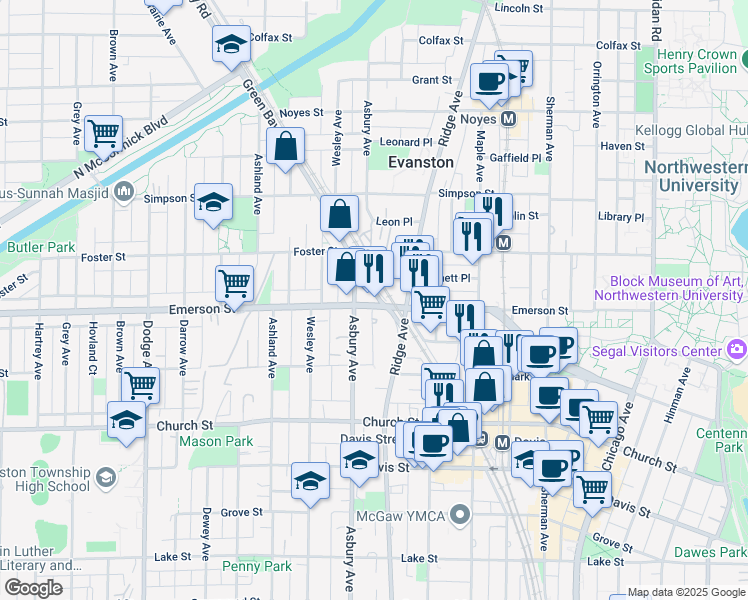 map of restaurants, bars, coffee shops, grocery stores, and more near 1910 Ridge Avenue in Evanston