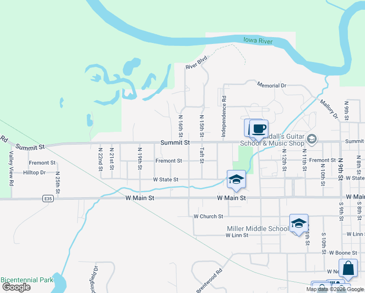 map of restaurants, bars, coffee shops, grocery stores, and more near 1606 Summit Street in Marshalltown
