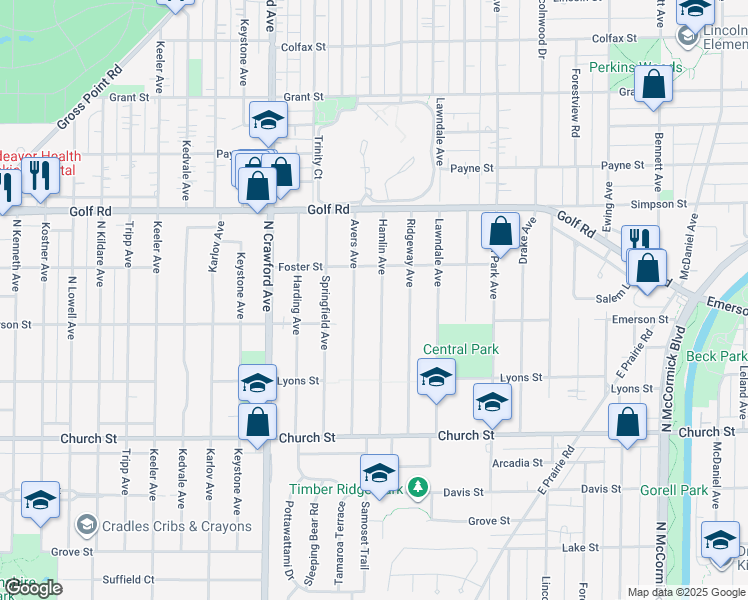 map of restaurants, bars, coffee shops, grocery stores, and more near 9424 Hamlin Avenue in Evanston