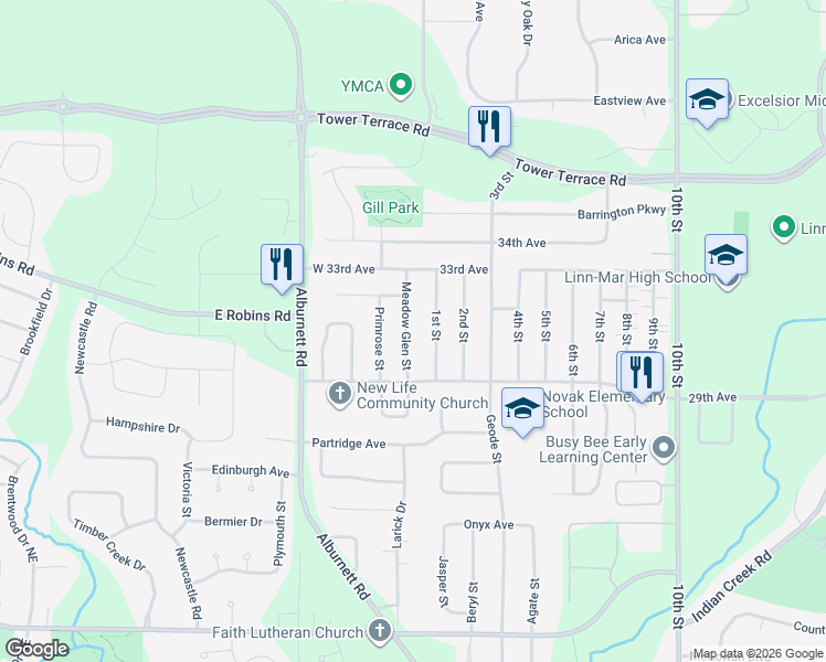 map of restaurants, bars, coffee shops, grocery stores, and more near 3055 Meadow Glen Street in Marion