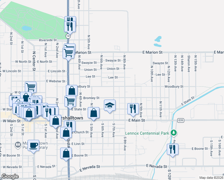 map of restaurants, bars, coffee shops, grocery stores, and more near 601-699 Woodbury Street in Marshalltown