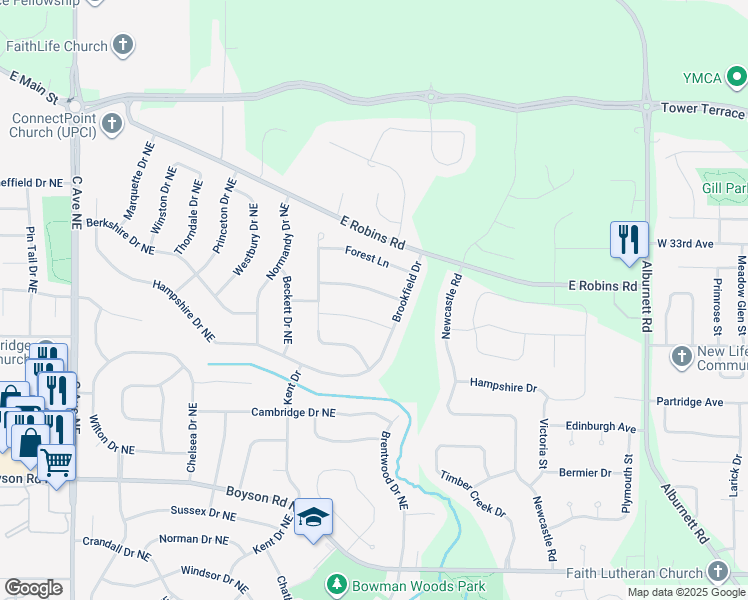 map of restaurants, bars, coffee shops, grocery stores, and more near 1367 Lindenbrook Lane in Marion