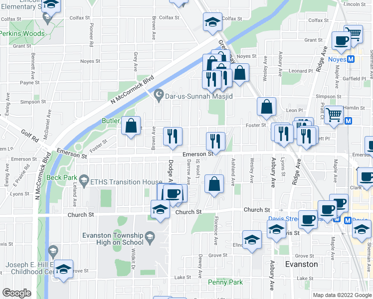 map of restaurants, bars, coffee shops, grocery stores, and more near 1801 Emerson Street in Evanston