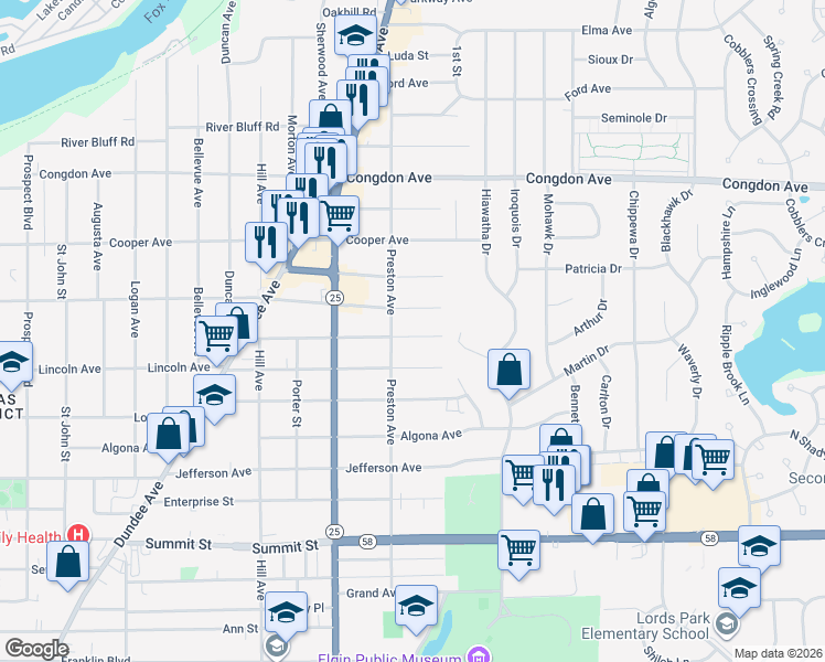 map of restaurants, bars, coffee shops, grocery stores, and more near 666 Chester Avenue in Elgin
