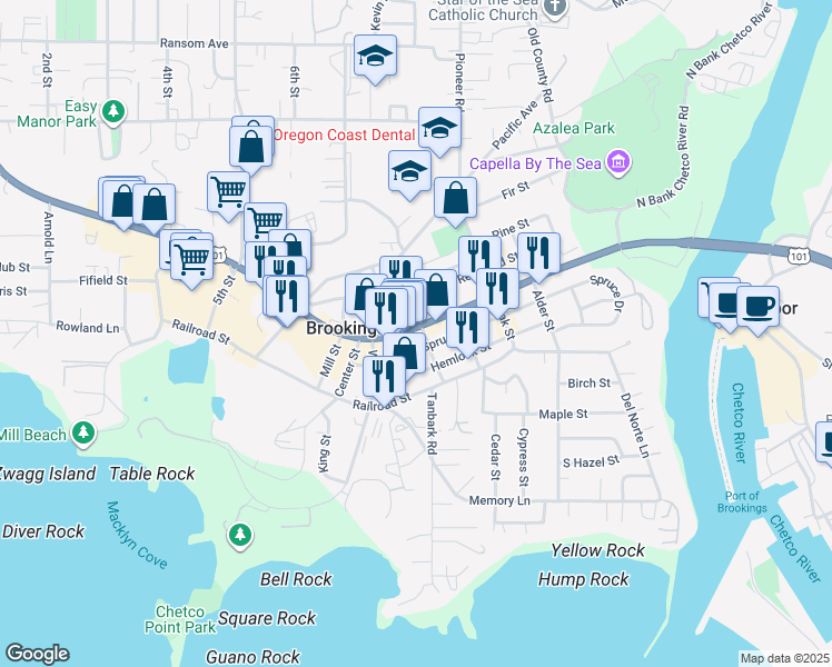 map of restaurants, bars, coffee shops, grocery stores, and more near 601 Chetco Avenue in Brookings