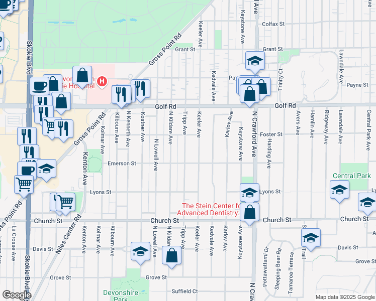 map of restaurants, bars, coffee shops, grocery stores, and more near 9429 Tripp Avenue in Skokie