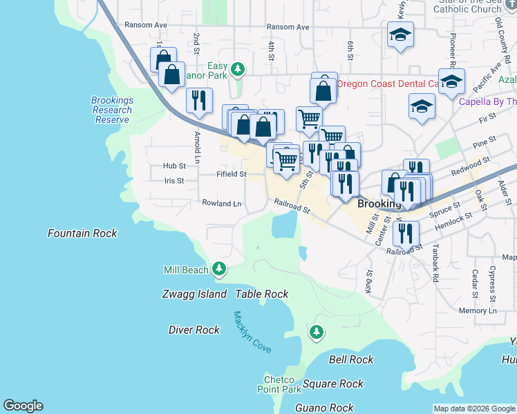 map of restaurants, bars, coffee shops, grocery stores, and more near 397 Mill Beach Road in Brookings