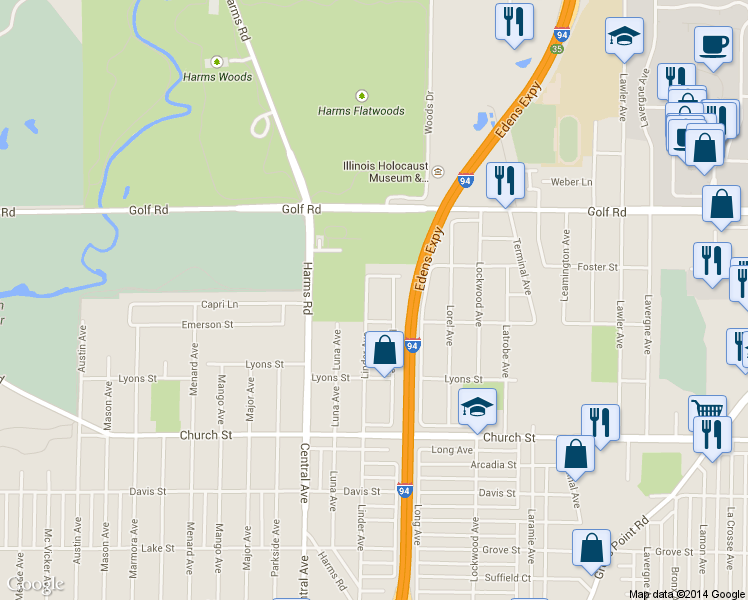 map of restaurants, bars, coffee shops, grocery stores, and more near 9433 Linder Avenue in Skokie