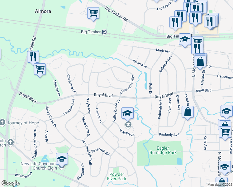 map of restaurants, bars, coffee shops, grocery stores, and more near 2010 Royal Blvd in Elgin
