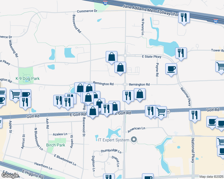 map of restaurants, bars, coffee shops, grocery stores, and more near 707 Remington Road in Schaumburg