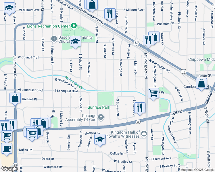 map of restaurants, bars, coffee shops, grocery stores, and more near 713 South Louis Street in Mount Prospect