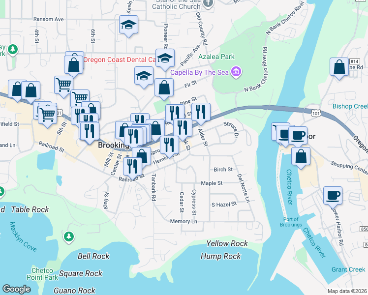 map of restaurants, bars, coffee shops, grocery stores, and more near 506 Hemlock Street in Brookings