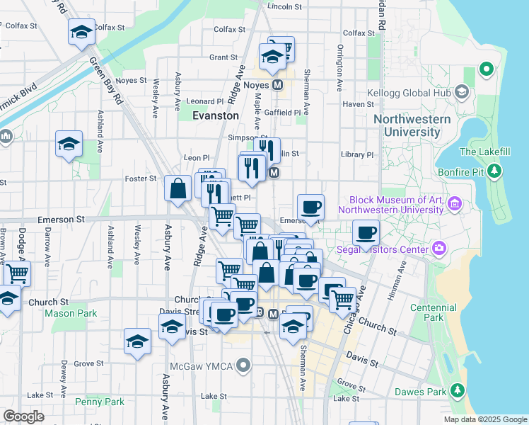 map of restaurants, bars, coffee shops, grocery stores, and more near 1921 Maple Ave in Evanston