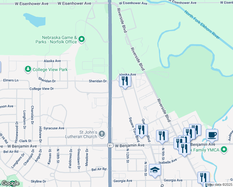 map of restaurants, bars, coffee shops, grocery stores, and more near 1700 North 13th Street in Norfolk