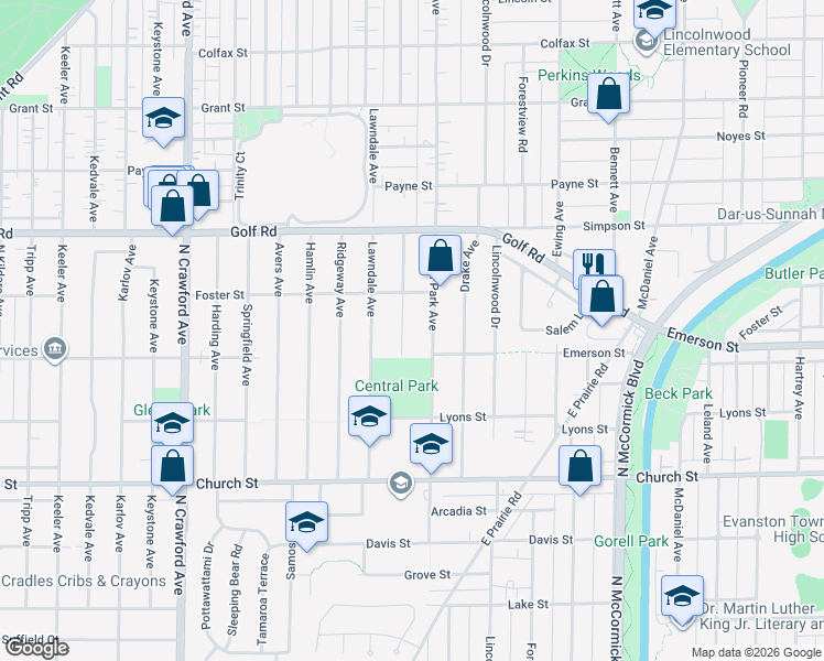 map of restaurants, bars, coffee shops, grocery stores, and more near 9419 Monticello Avenue in Evanston