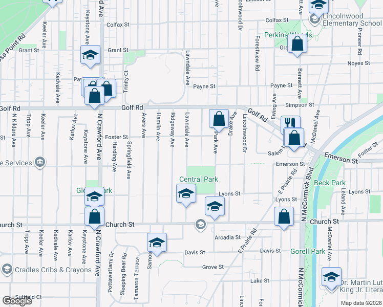 map of restaurants, bars, coffee shops, grocery stores, and more near 9425 Lawndale Avenue in Evanston