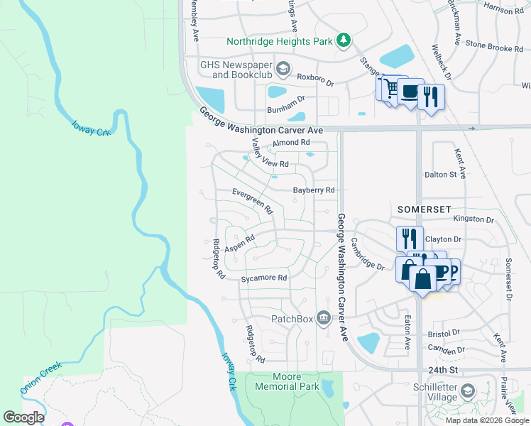map of restaurants, bars, coffee shops, grocery stores, and more near 3124 Evergreen Road in Ames