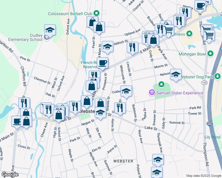 map of restaurants, bars, coffee shops, grocery stores, and more near 39 Granite Street in Webster