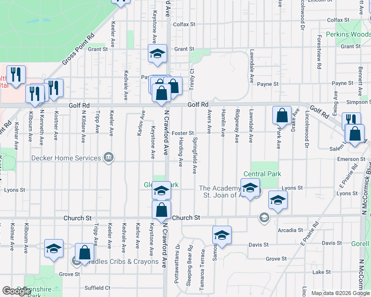 map of restaurants, bars, coffee shops, grocery stores, and more near 9425 Harding Avenue in Evanston