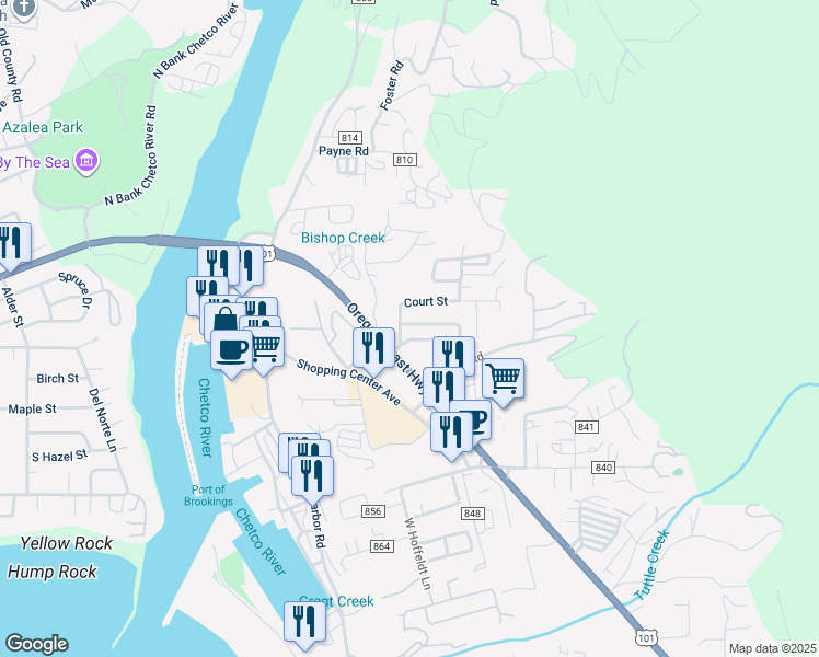 map of restaurants, bars, coffee shops, grocery stores, and more near 97883 Court Street in Brookings