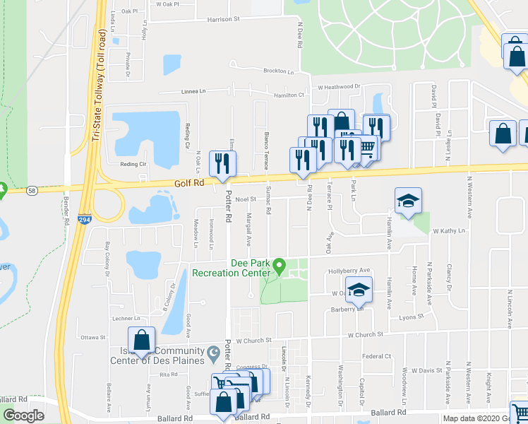 map of restaurants, bars, coffee shops, grocery stores, and more near 9436 Sumac Road in Des Plaines