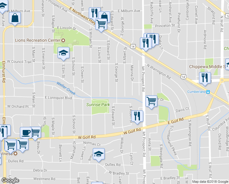 map of restaurants, bars, coffee shops, grocery stores, and more near 628 South George Street in Mount Prospect