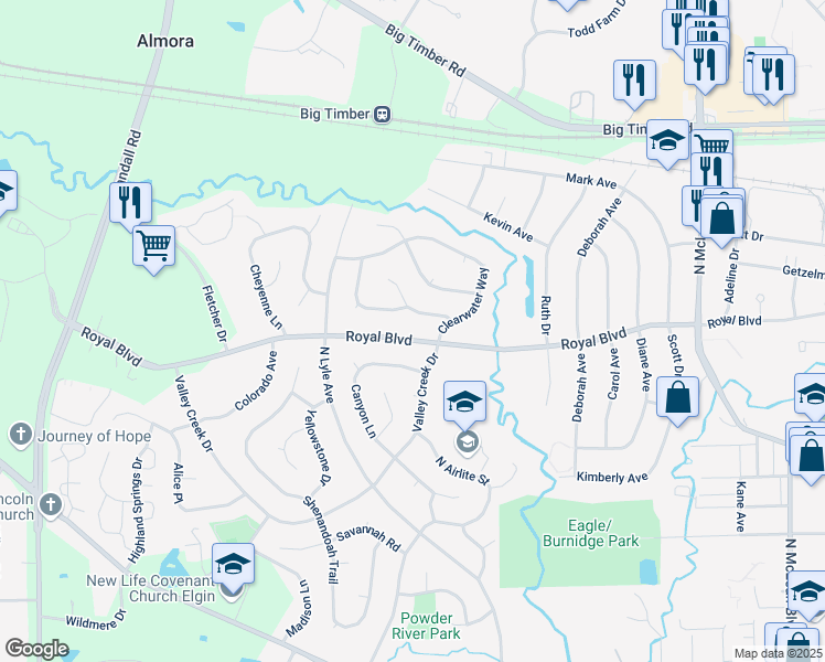 map of restaurants, bars, coffee shops, grocery stores, and more near 2010 Royal Boulevard in Elgin