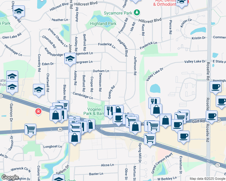 map of restaurants, bars, coffee shops, grocery stores, and more near 1405 Gentry Road in Hoffman Estates