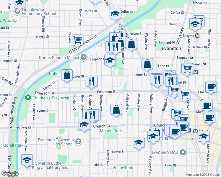 map of restaurants, bars, coffee shops, grocery stores, and more near 1908 Dewey Avenue in Evanston