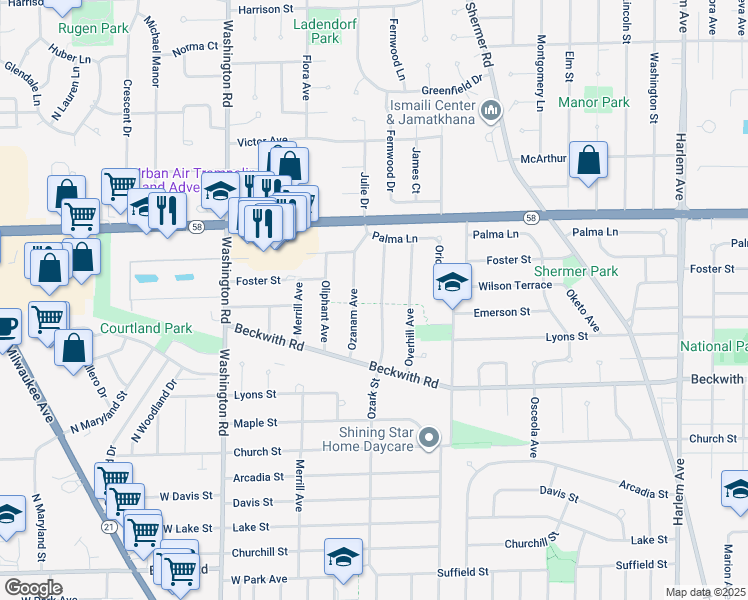 map of restaurants, bars, coffee shops, grocery stores, and more near 9426 Ozark Street in Morton Grove
