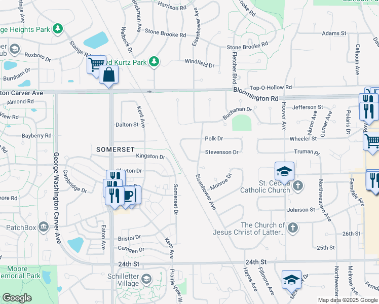 map of restaurants, bars, coffee shops, grocery stores, and more near 2138 Stevenson Drive in Ames