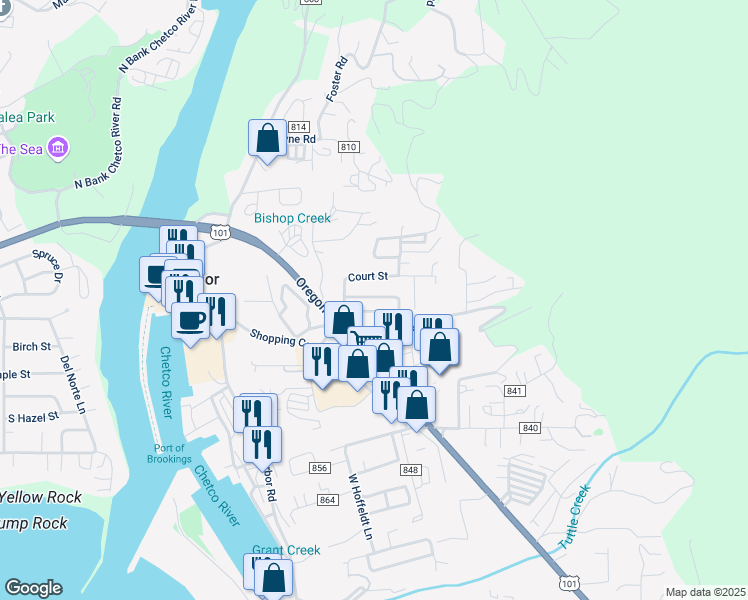 map of restaurants, bars, coffee shops, grocery stores, and more near 97883 Court Street in Brookings