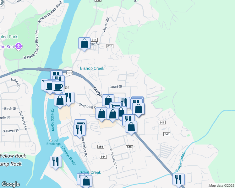 map of restaurants, bars, coffee shops, grocery stores, and more near 97883 Court Street in Brookings