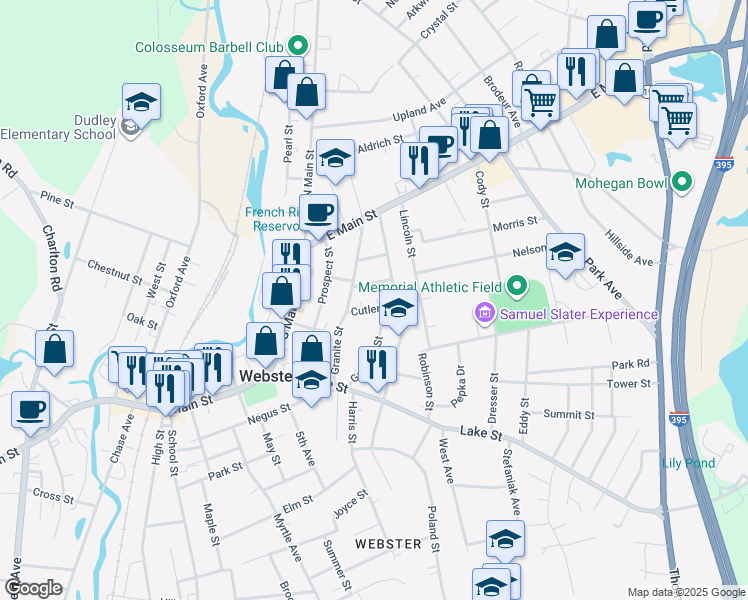 map of restaurants, bars, coffee shops, grocery stores, and more near 21 Cutler Street in Webster