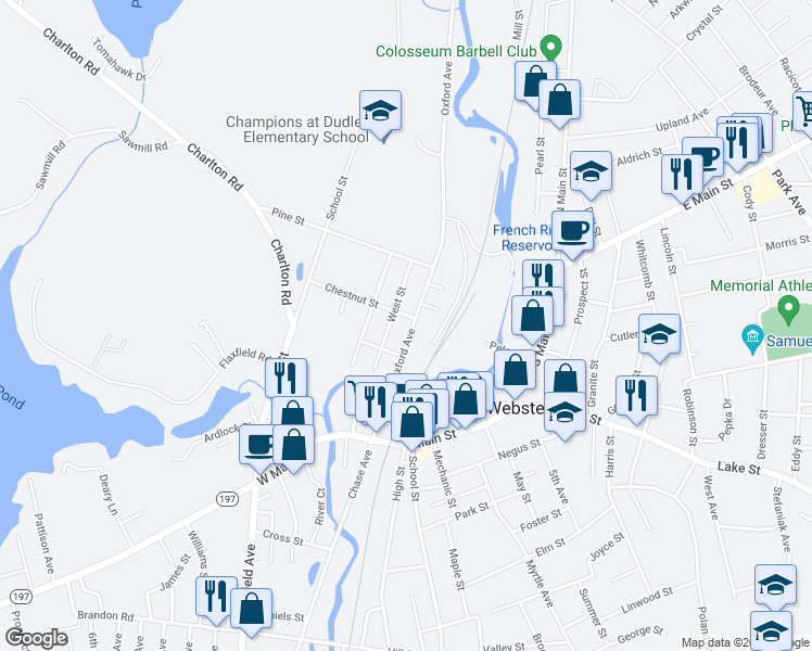map of restaurants, bars, coffee shops, grocery stores, and more near 17 Oxford Avenue in Dudley
