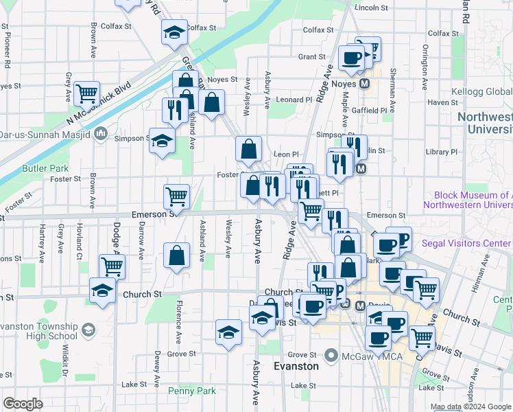 map of restaurants, bars, coffee shops, grocery stores, and more near 1227 1/2 Emerson Street in Evanston