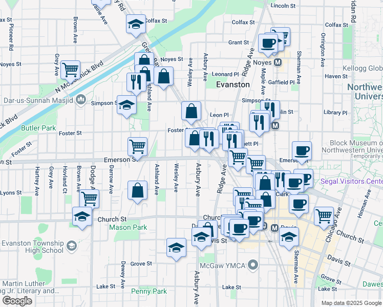 map of restaurants, bars, coffee shops, grocery stores, and more near in Evanston
