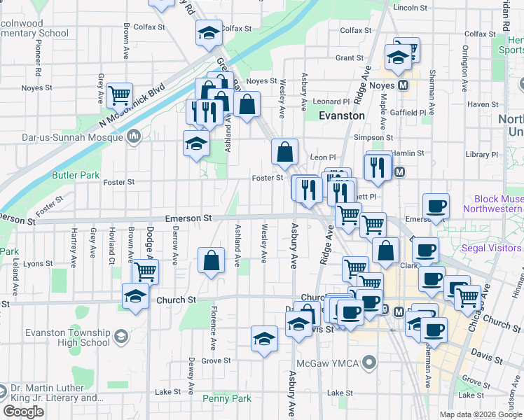 map of restaurants, bars, coffee shops, grocery stores, and more near 1323 Emerson Street in Evanston