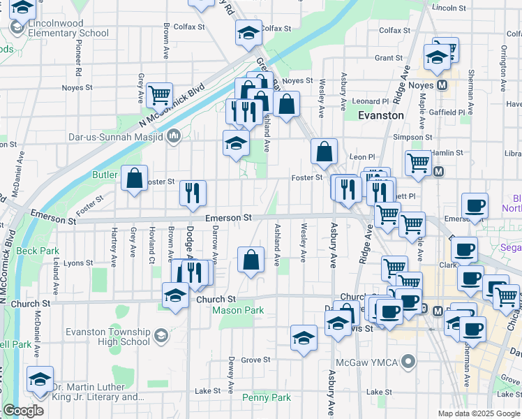 map of restaurants, bars, coffee shops, grocery stores, and more near 1607 Emerson Street in Evanston