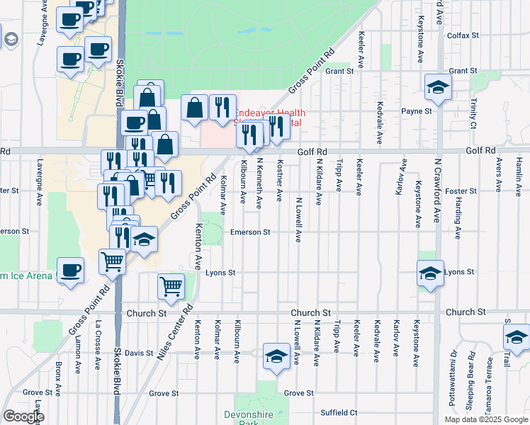 map of restaurants, bars, coffee shops, grocery stores, and more near 9429 Kenneth Ave in Skokie