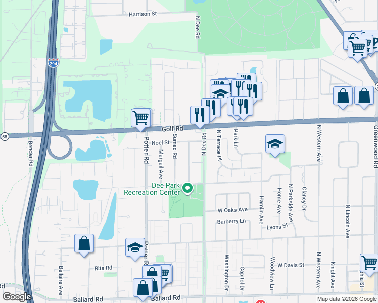 map of restaurants, bars, coffee shops, grocery stores, and more near 9515 Sumac Road in Des Plaines